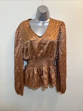 Alice Blue Leopard-Print Peplum Blouse - Copper Brown. Size S.